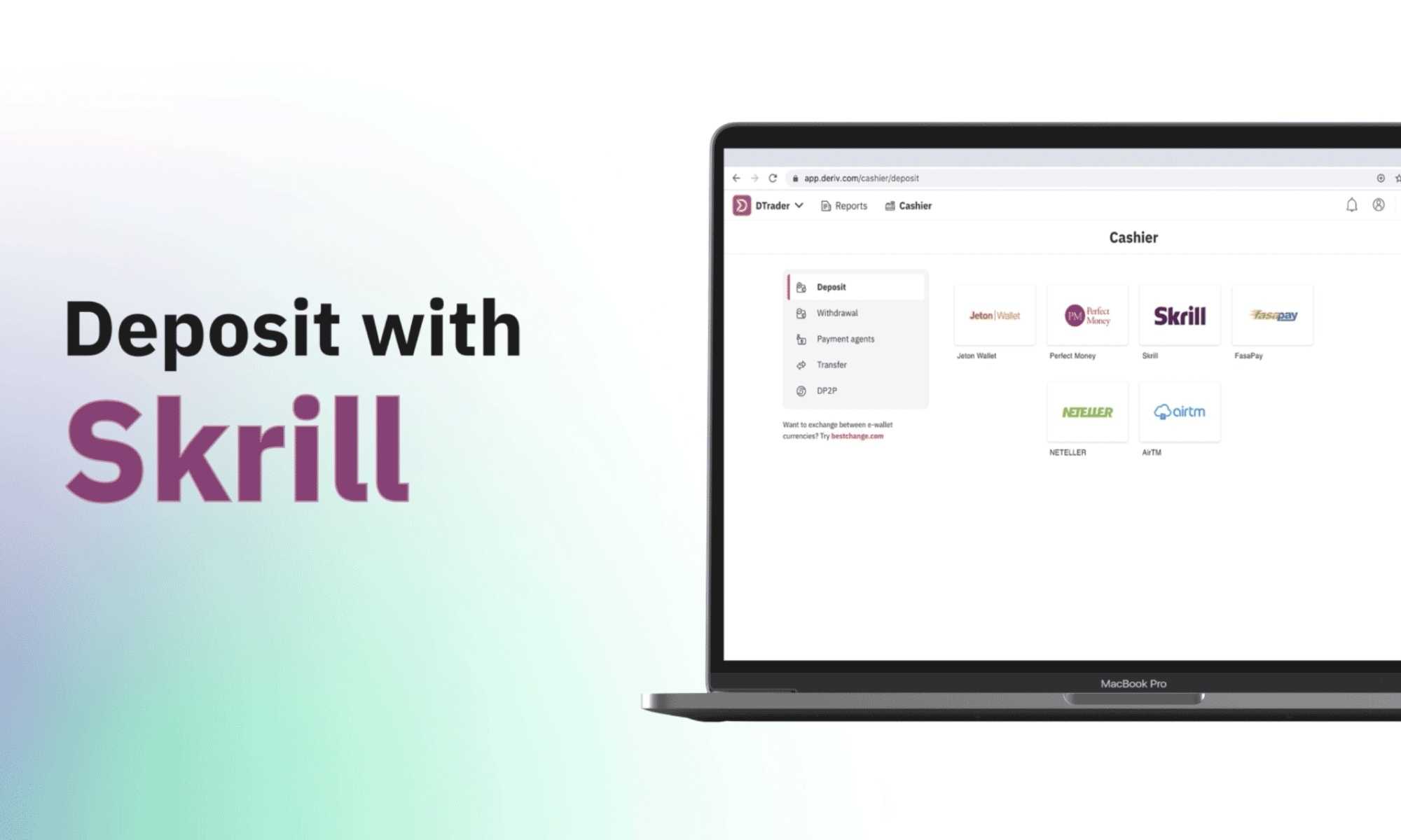 Find out how to make a deposit into your Deriv account via Skrill.